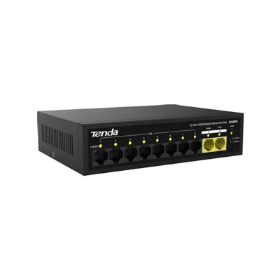 Коммутатор неуправляемый PoE Tenda S110PC , 10 портов, 10x100 Мбит/с, PoE 8х до 30 Вт, настольный ,черный (1/20)