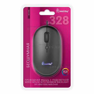 Мышь проводная Smartbuy 328 бесшумная с подсветкой, черный (1/40)