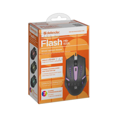 Мышь DEFENDER Flash MB-600L, черная, USB, проводная, 4 кнопки, 1,5м. (1/40)