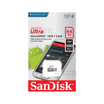Карта памяти MicroSD  64GB  SanDisk Class 10 Ultra Light UHS-I  (100 Mb/s) + SD адаптер