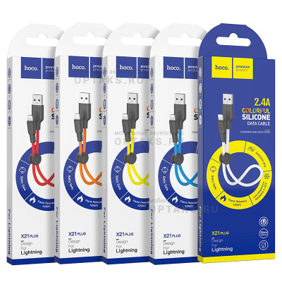 Кабель USB to Lightning HOCO X21 Plus, 25см, 2.4A,  красный, чёрная вставка