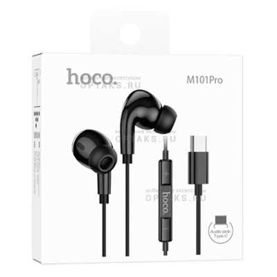 Наушники внутриканальные HOCO M101 Pro Crystal, микрофон, кнопка ответа, регулятор громкости, кабель Type-C, цвет: чёрный (1/126/756)