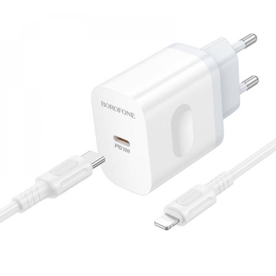 Блок питания сетевой 1 Type-C BOROFONE BA99A Breeze, , пластик, 3.0A, PD20Вт, кабель Type-c to Lightning, цвет: белый (1/60/240)