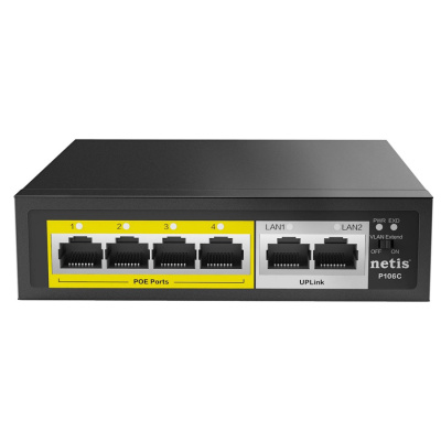 Коммутатор NETIS P106C 6x100Mb 4PoE+ 58W неуправляемый, функция PoE Watchdog (PoE авто перезагрузка) (1/20)
